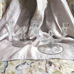 2 Dual Glass Candlesticks Candleabra Etched Branch Leaves Clear Glass EUC Candle